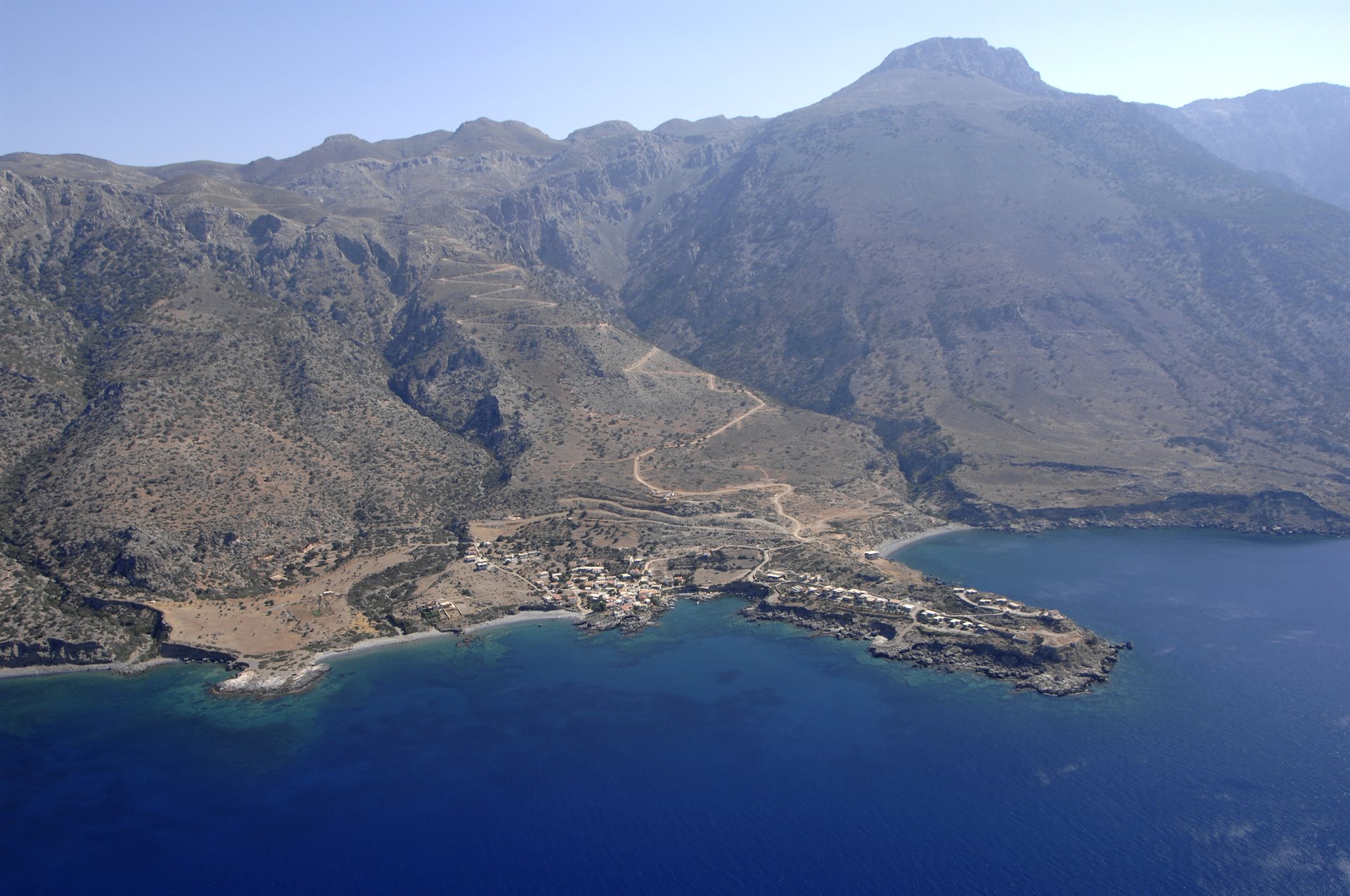 Aerial view of the Asterousia mountains, Agios Ioannis, and the South Cretan coast